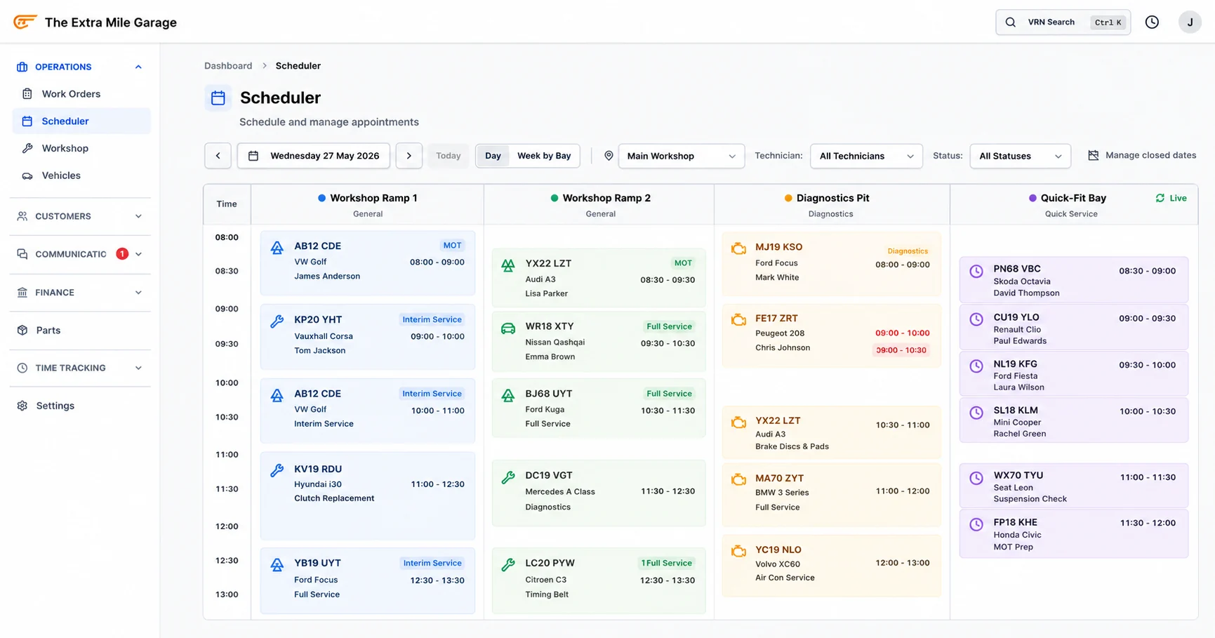 MOT booking software diary view with scheduled appointments and bay assignments for a UK garage