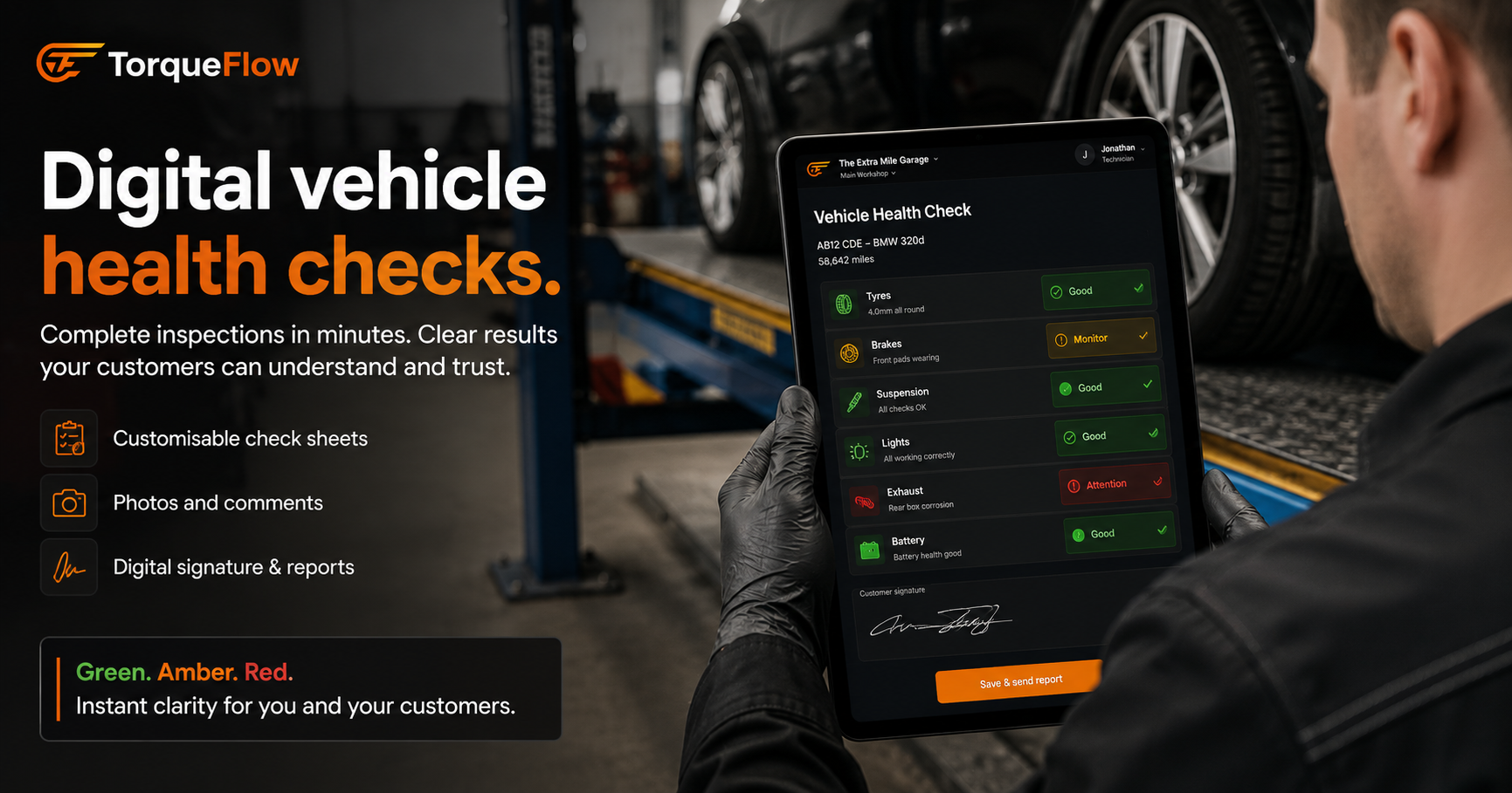 Vehicle health check software on a tablet showing green amber red inspection results