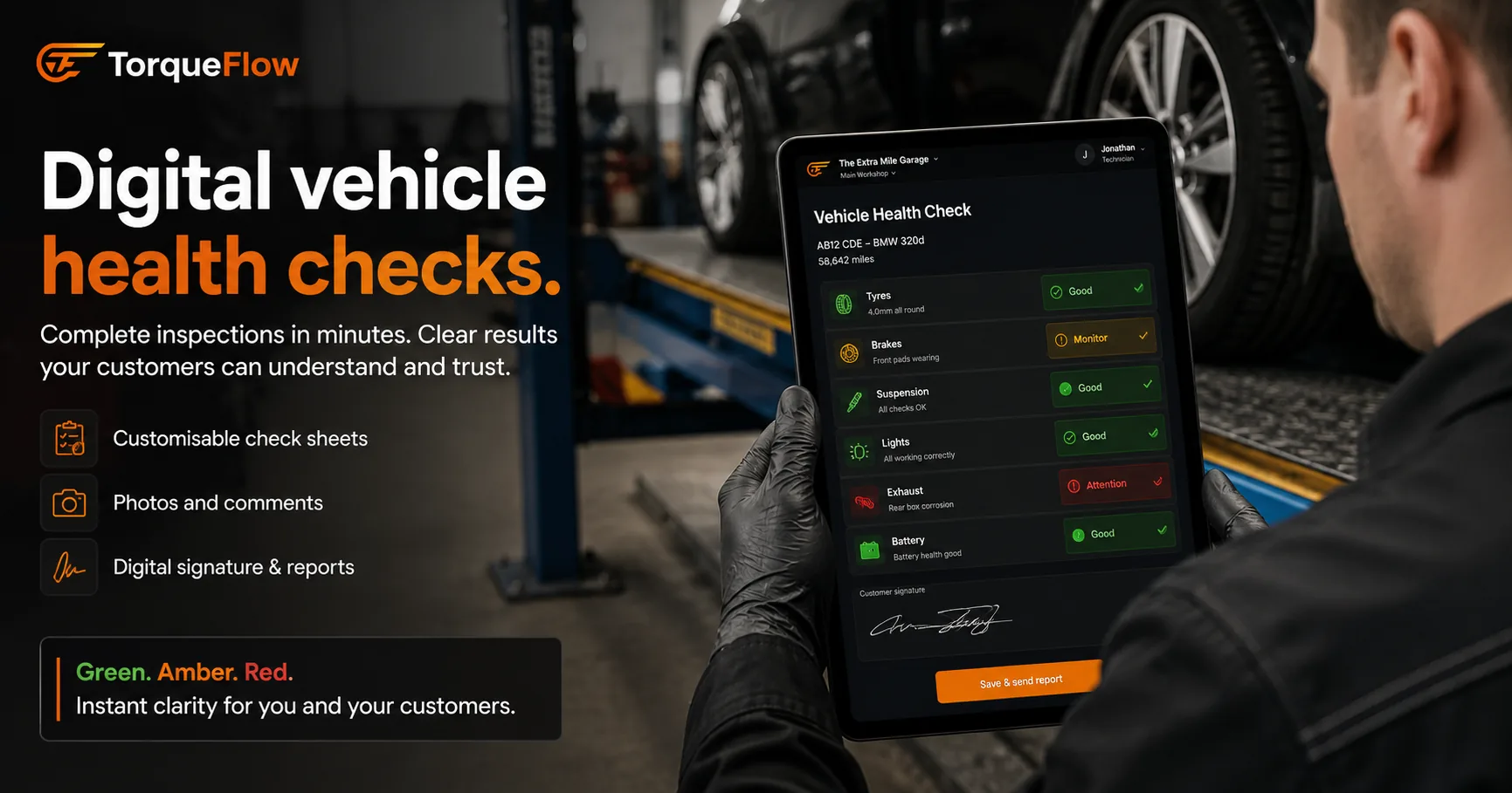 Vehicle health check software on a tablet showing green amber red inspection results