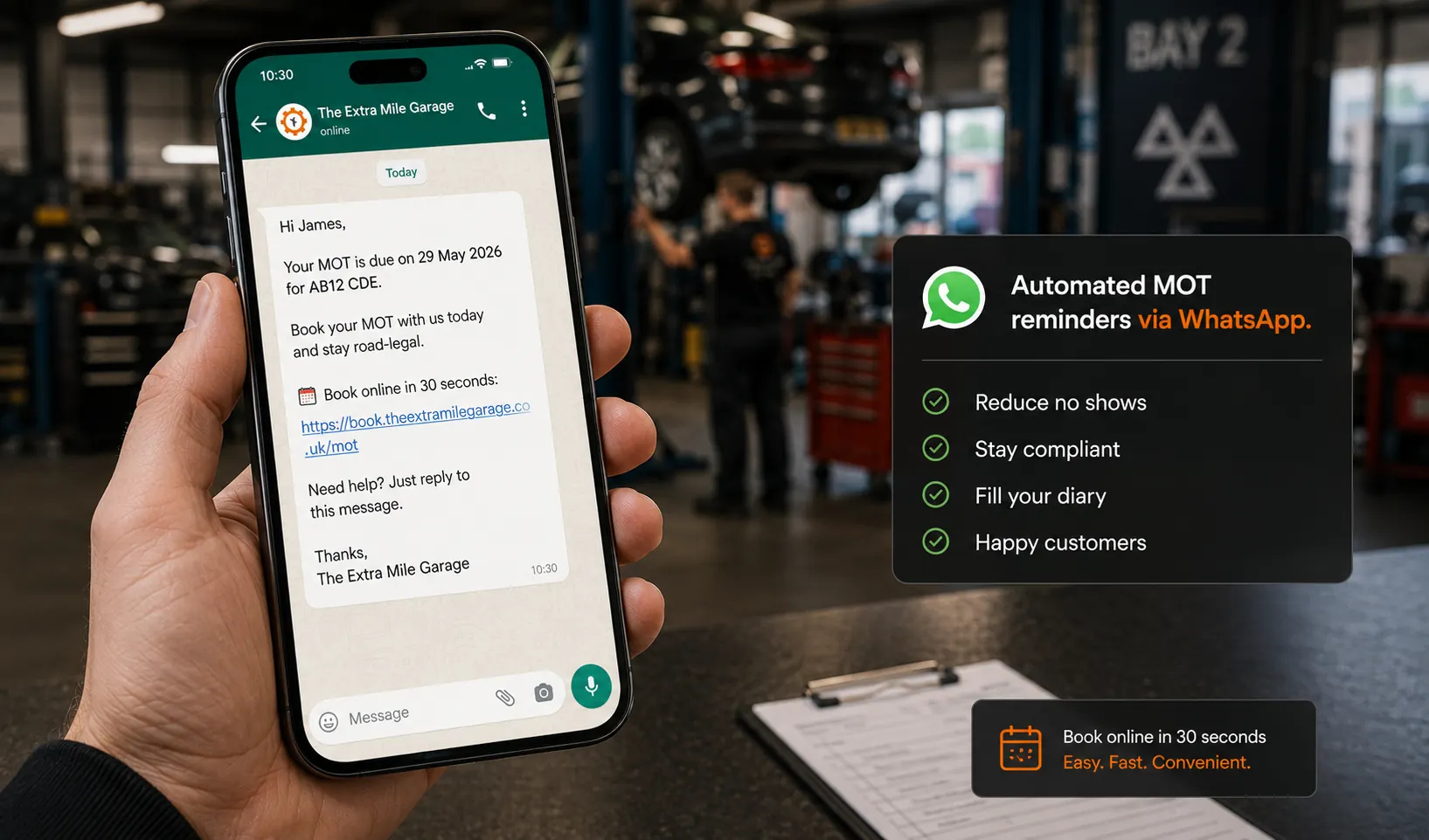 WhatsApp MOT reminder with booking link sent automatically from garage management software