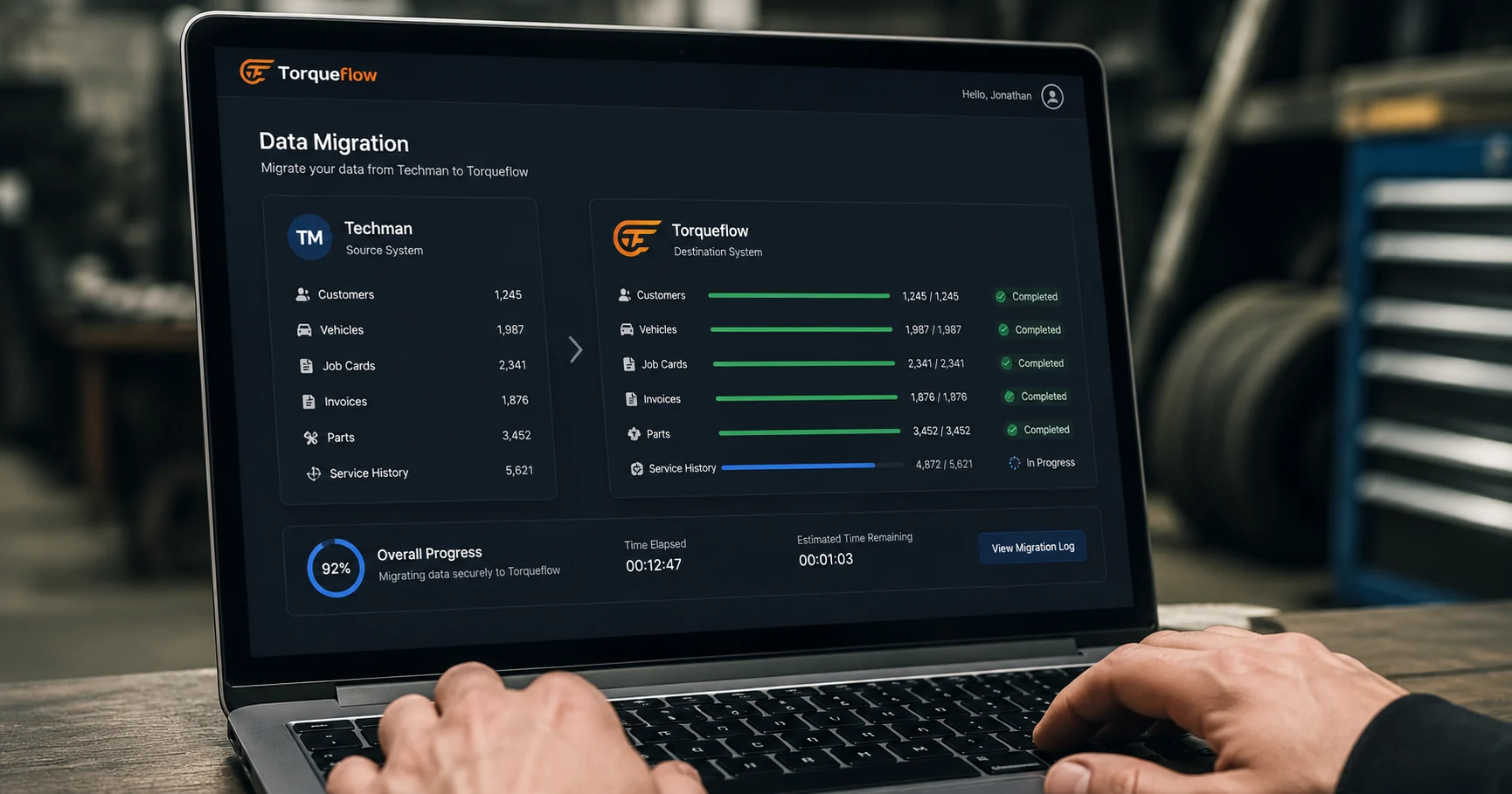 Switching from Techman garage management system showing data migration of customer records and vehicle history