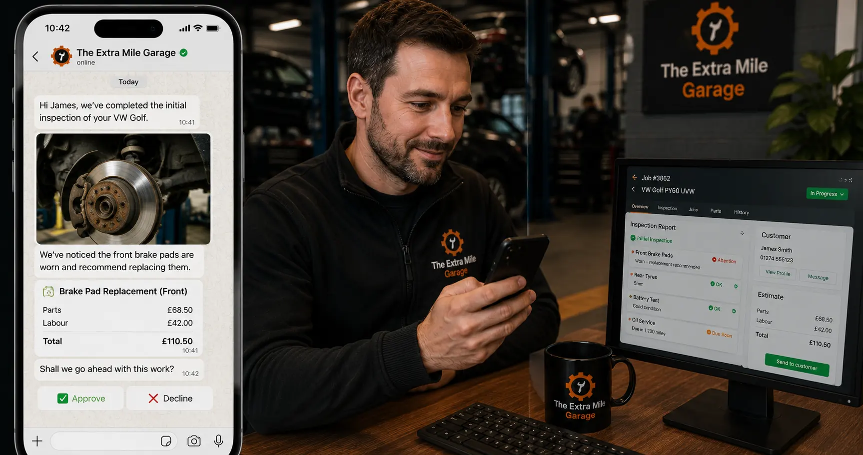 WhatsApp message from garage showing vehicle inspection photo and quote approval request