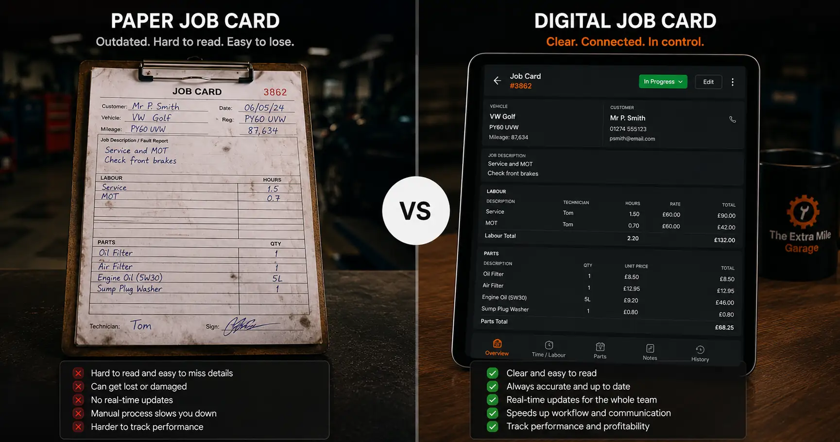Paper job card versus digital job card on tablet showing parts labour and job status