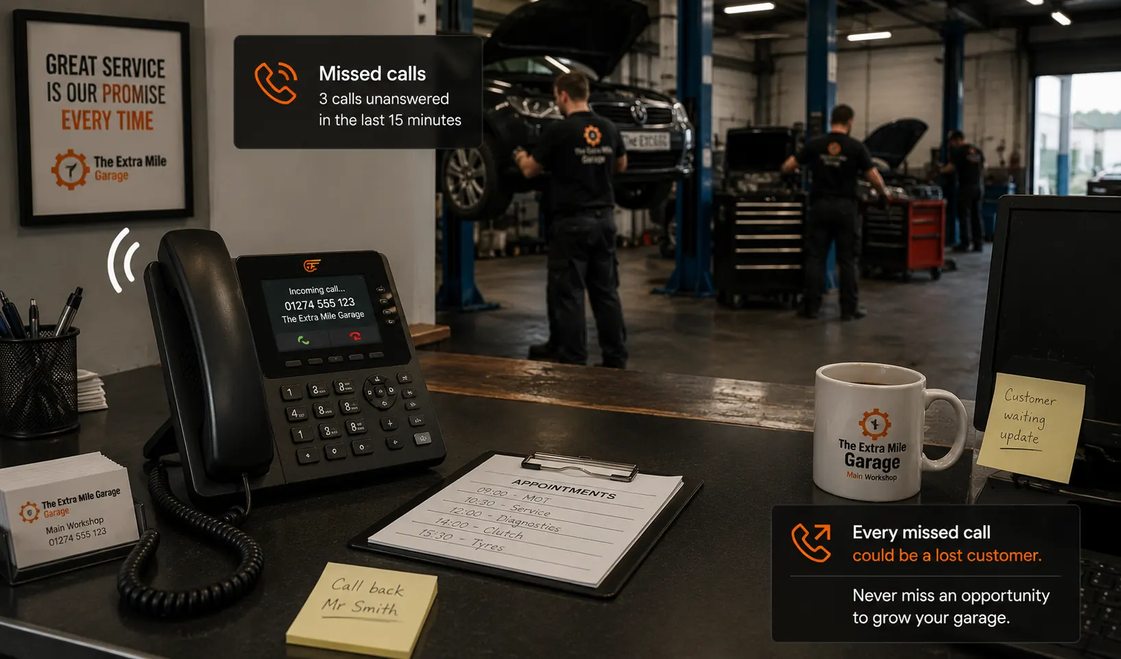 Garage phone calls going unanswered while the team works in the workshop