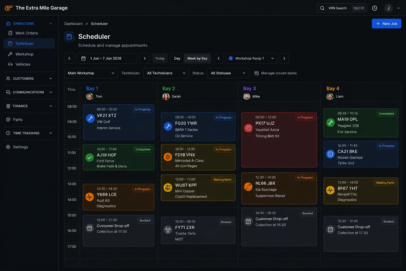 Garage bay management software showing multiple workshop bays with technician allocation and job status
