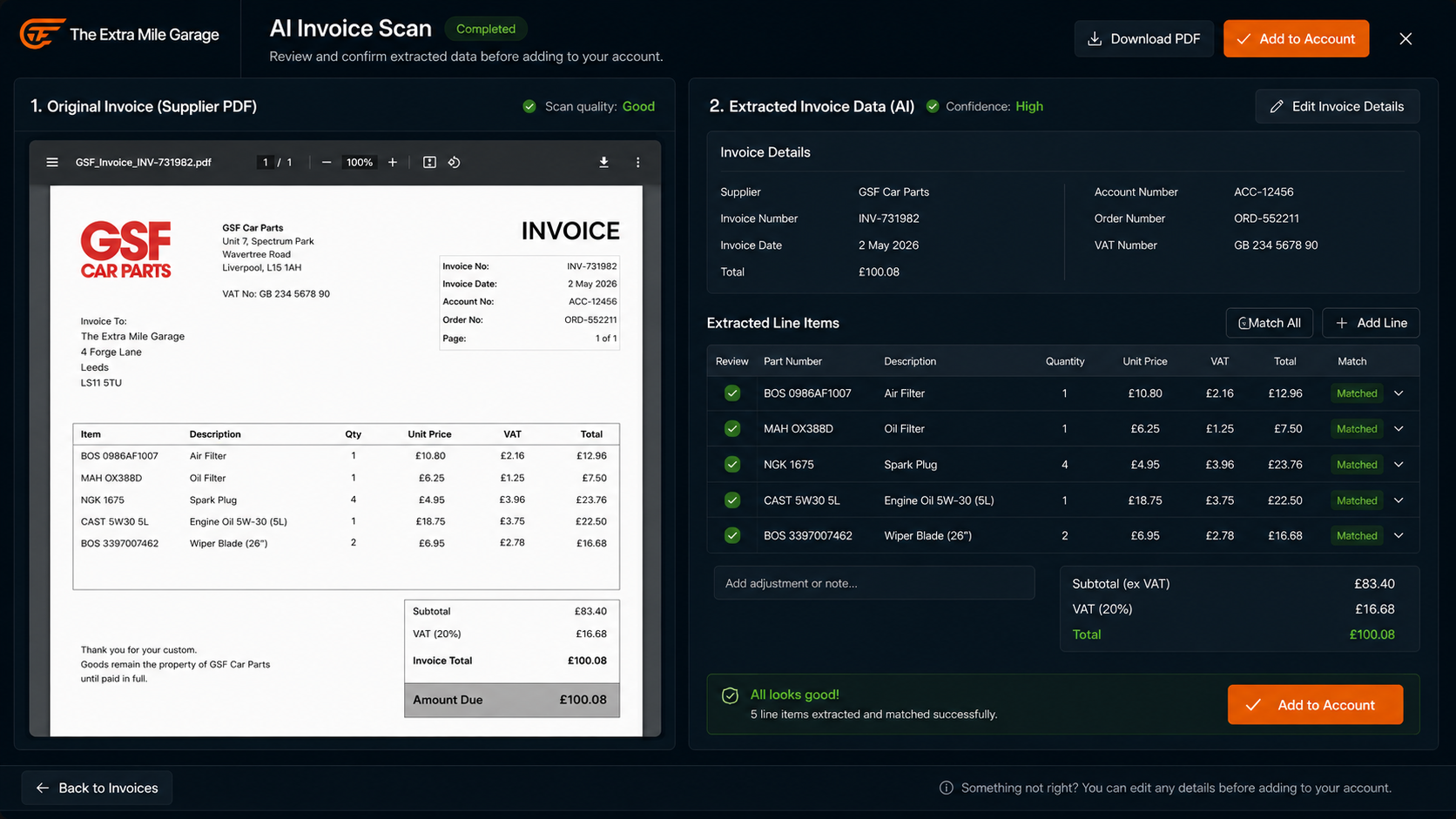 Garage invoicing software AI scan showing supplier PDF and auto-extracted parts and prices