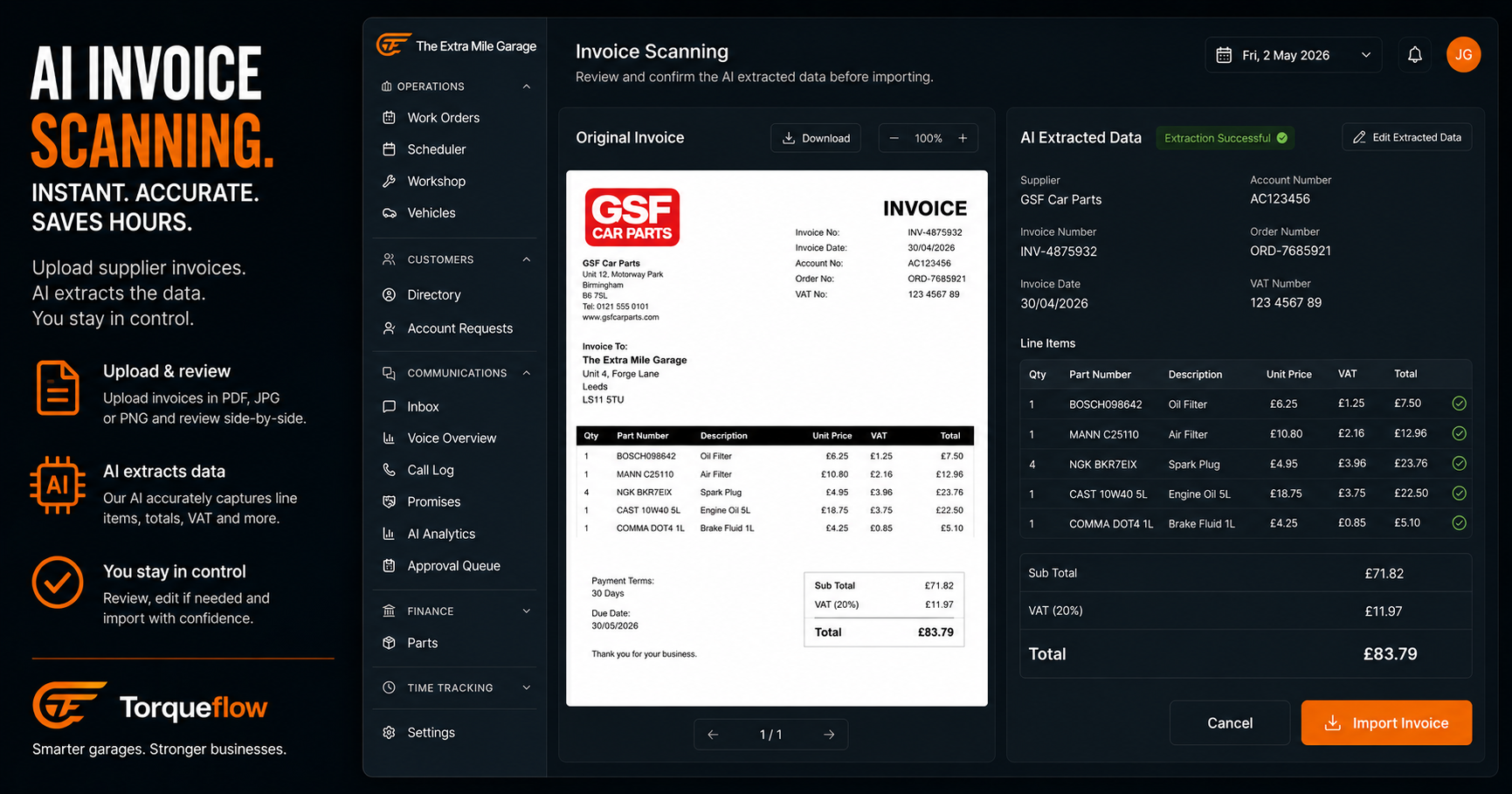 AI garage management invoice scanning with supplier PDF on left and extracted data on right