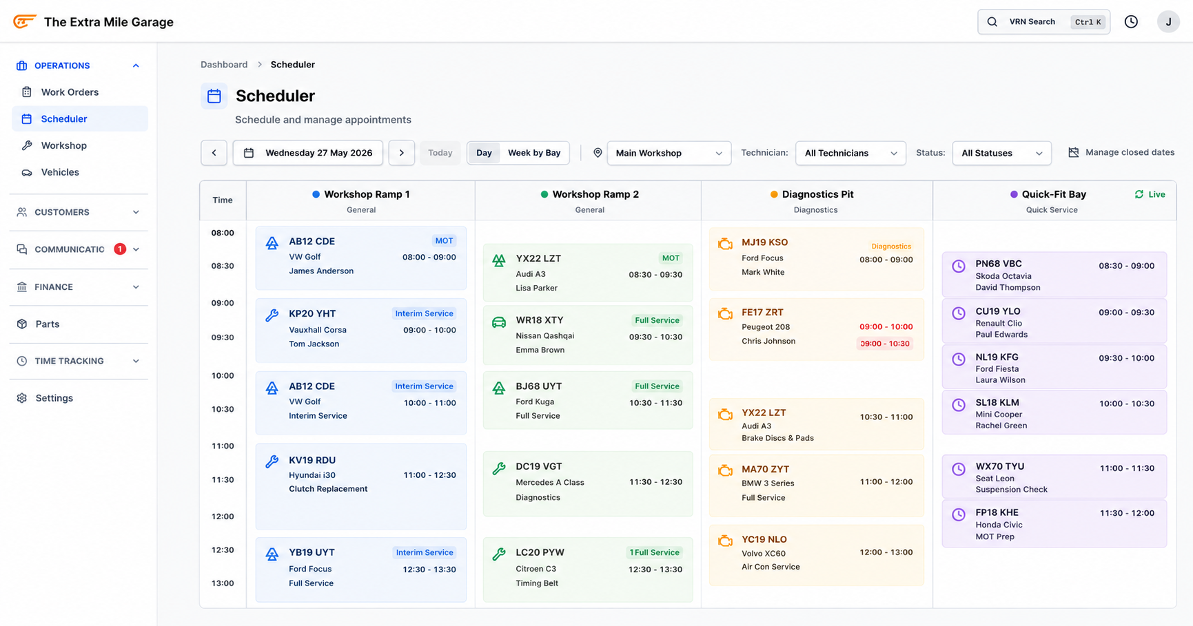 MOT booking software diary view with scheduled appointments and bay assignments for a UK garage