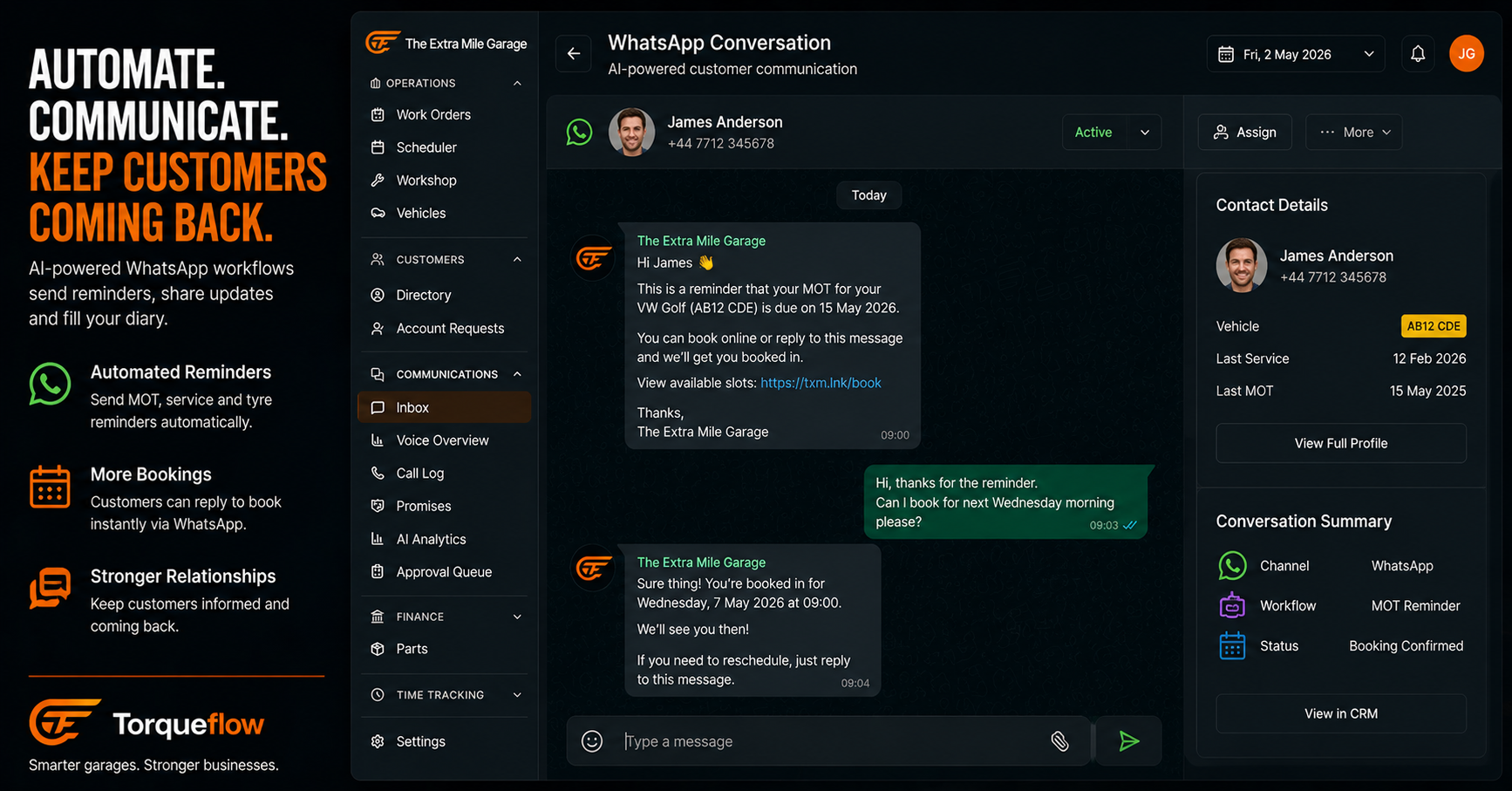 AI garage management sending automated MOT reminder via WhatsApp to a customer
