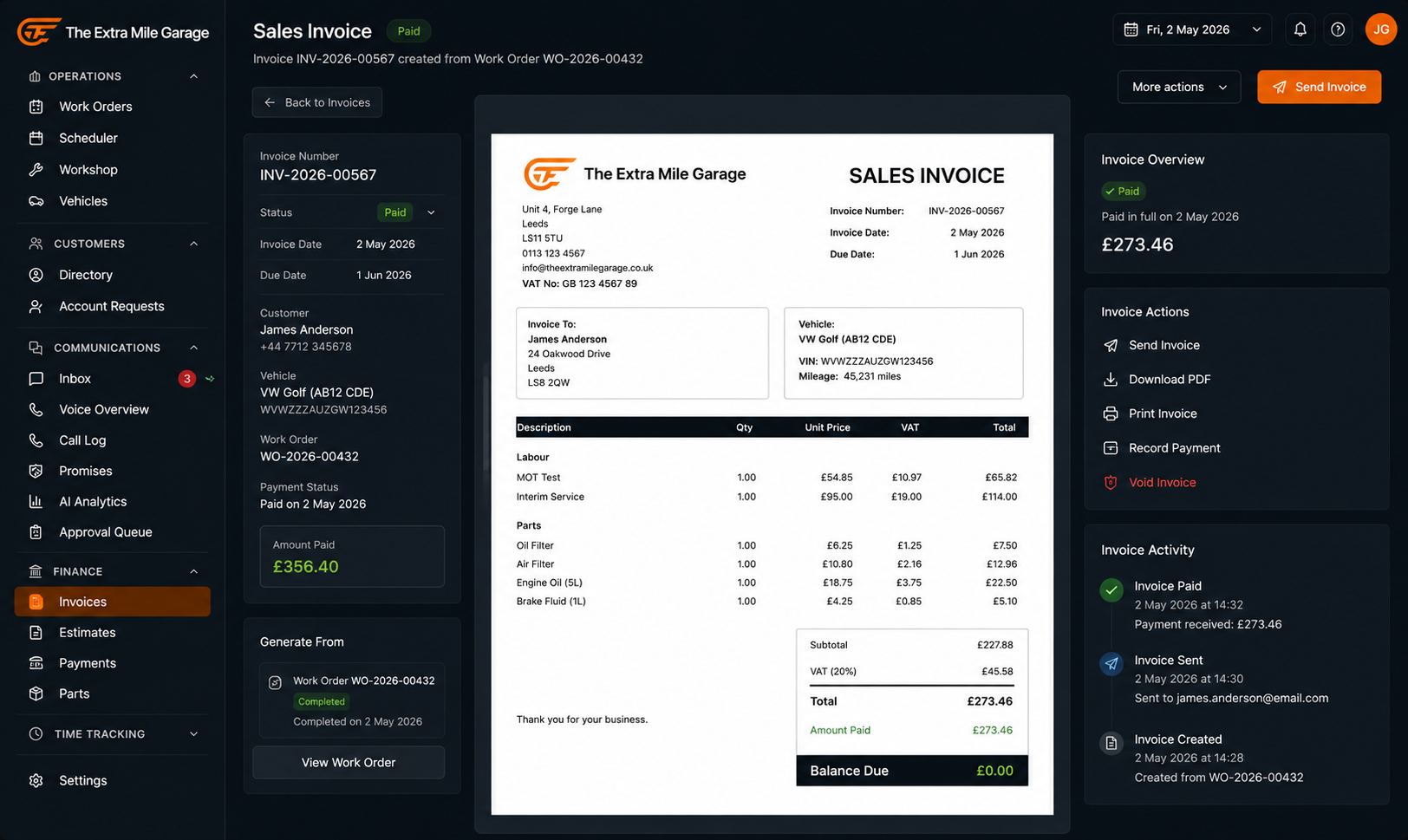 Garage invoicing software generating a sales invoice from a completed work order