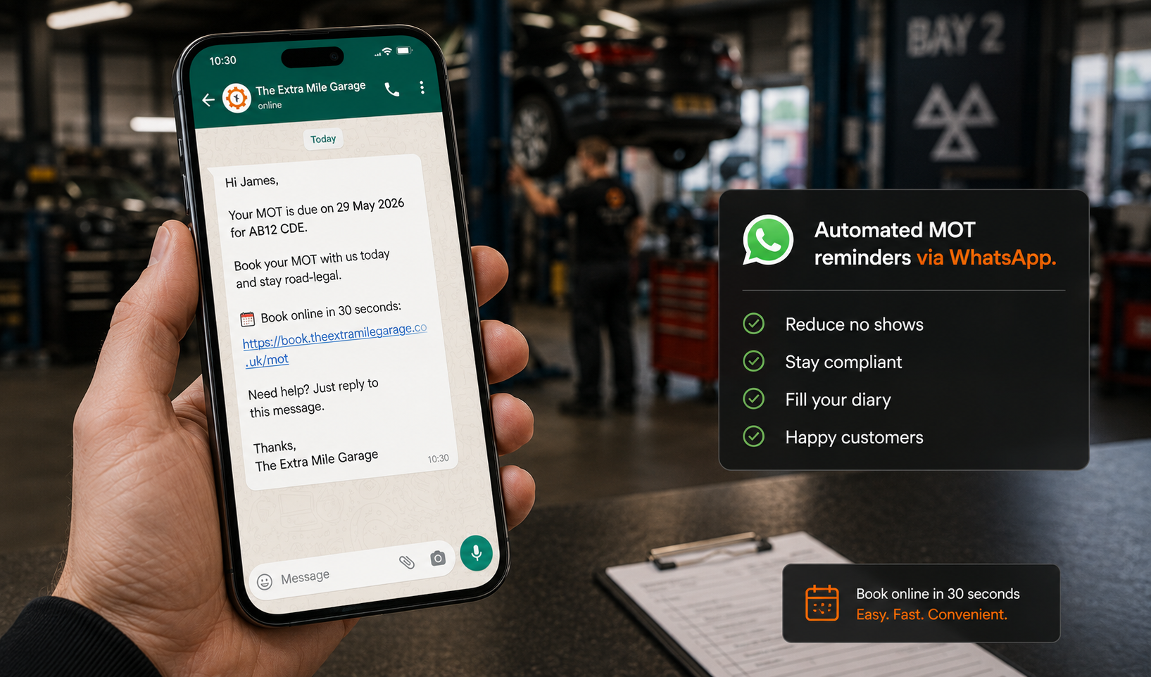 WhatsApp MOT reminder with booking link sent automatically from garage management software