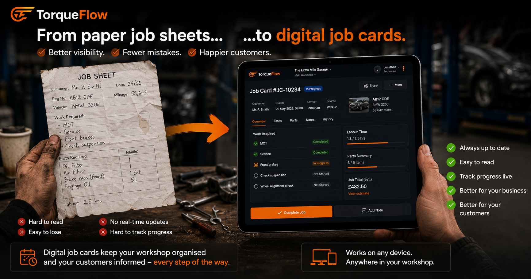 Garage job card software replacing paper job sheets with digital work orders on a tablet