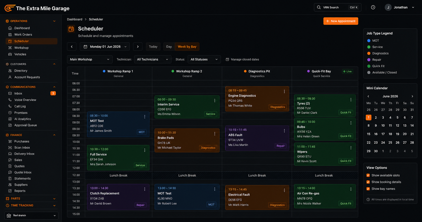 Garage booking system weekly view with bay allocation and available booking slots