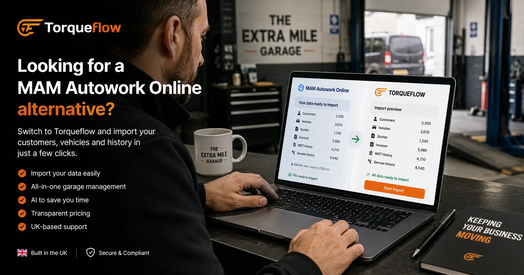 Garage owner reviewing a MAM Autowork Online alternative on screen with customer records ready to import