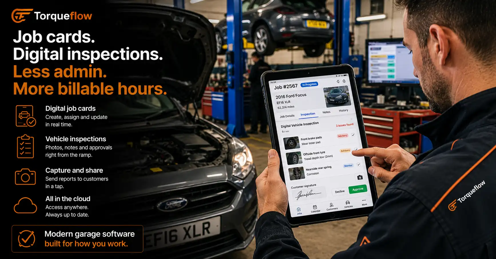 auto repair shop software job card and digital vehicle inspection on a tablet in a UK garage
