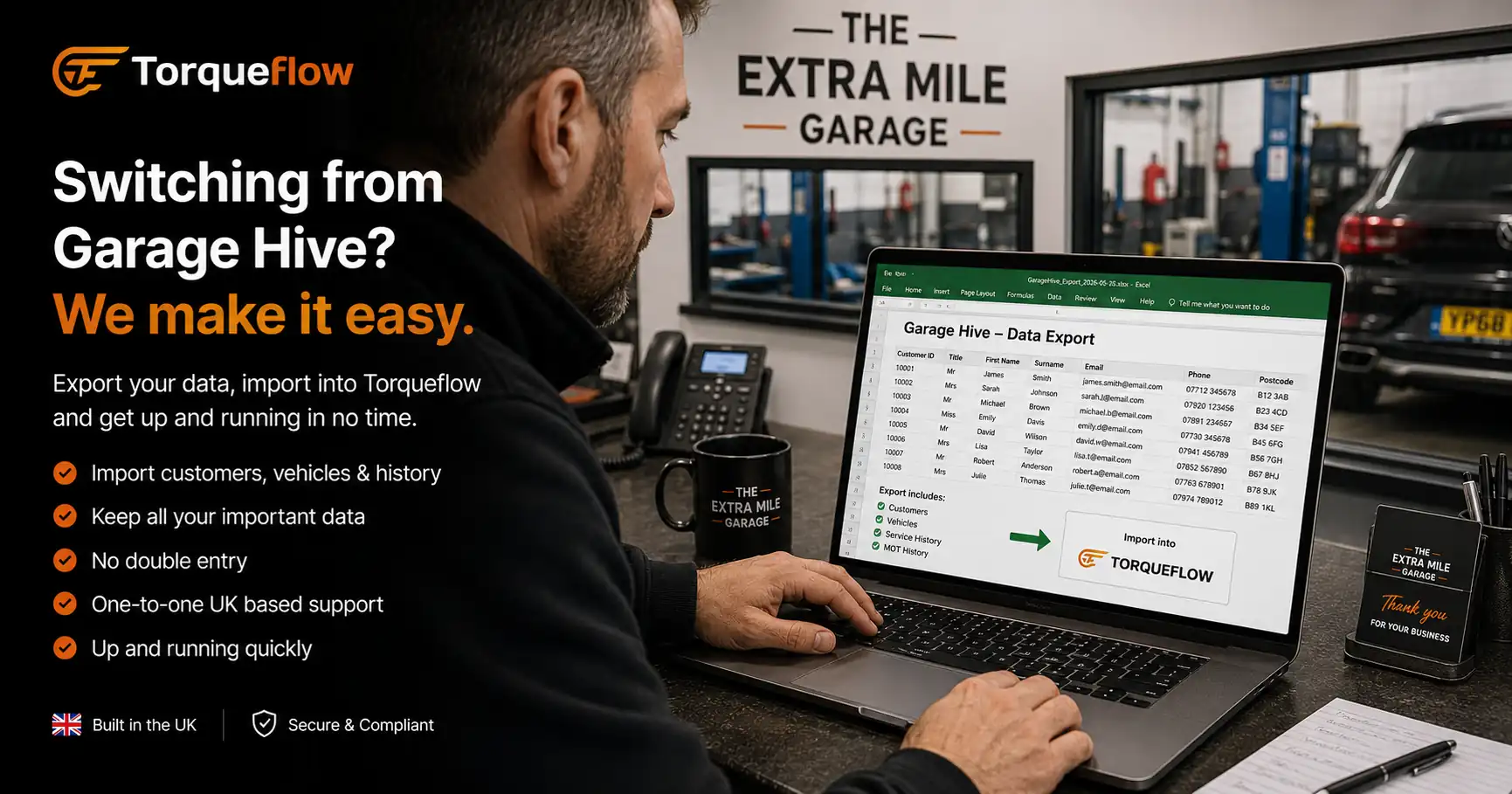 Garage owner switching from Garage Hive exporting customer and vehicle data to Excel"