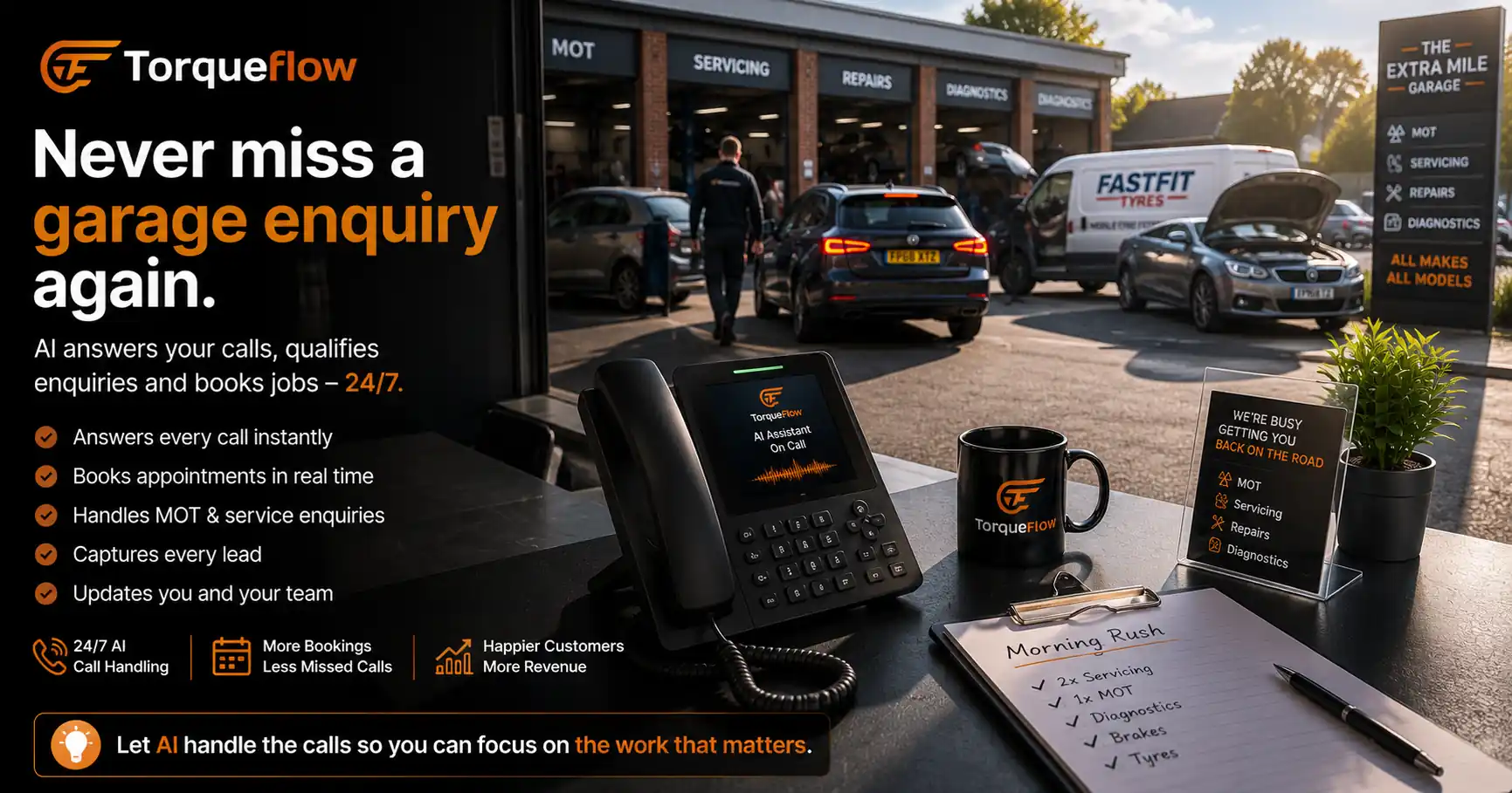 AI for garages answering the phone during the morning rush at a UK workshop
