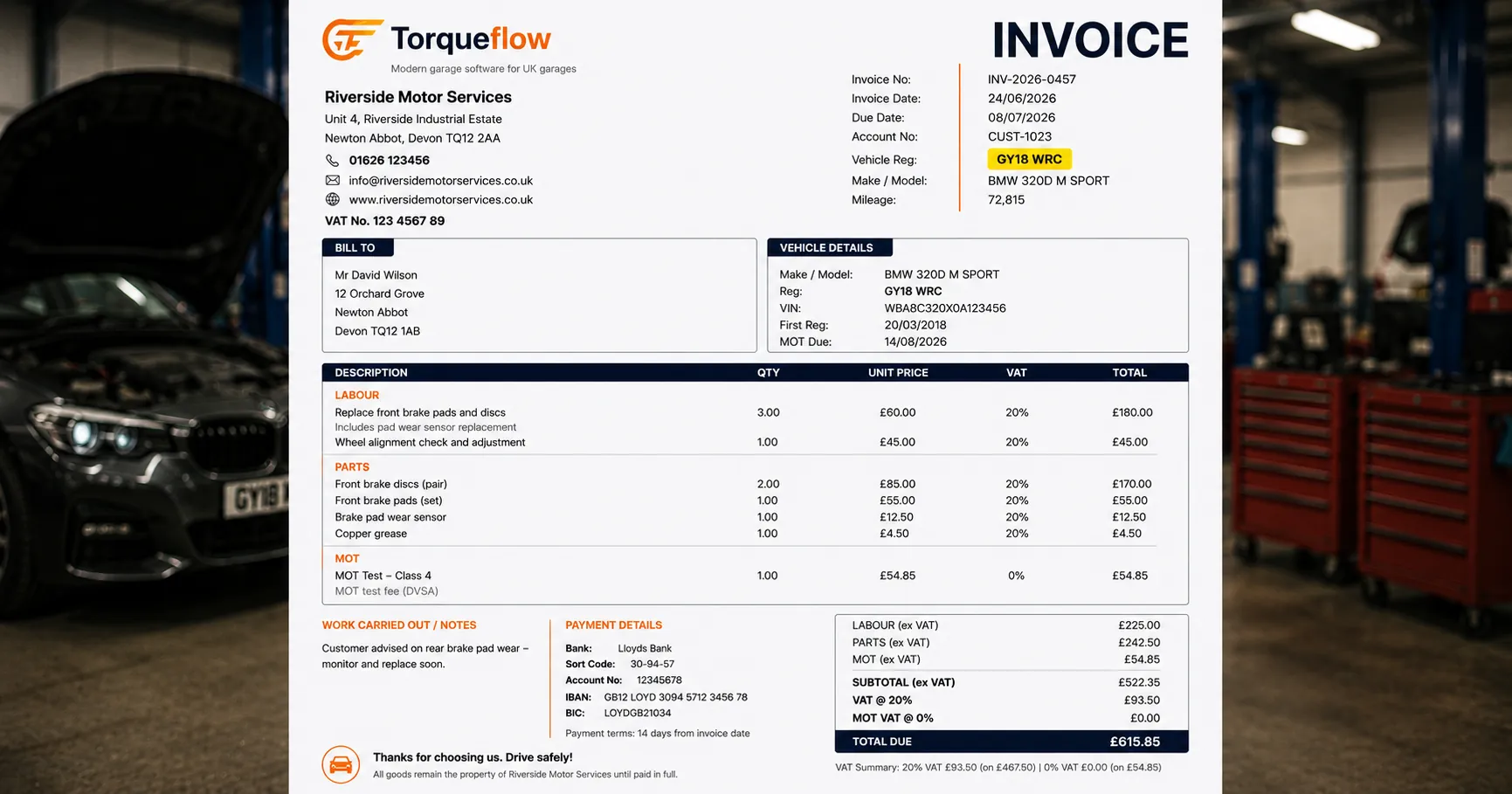 garage invoice template example showing itemised parts, labour and VAT